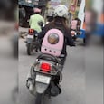Bengaluru woman drives a scooter with pet cat in backpack in viral video. (Image courtesy: Twitter)